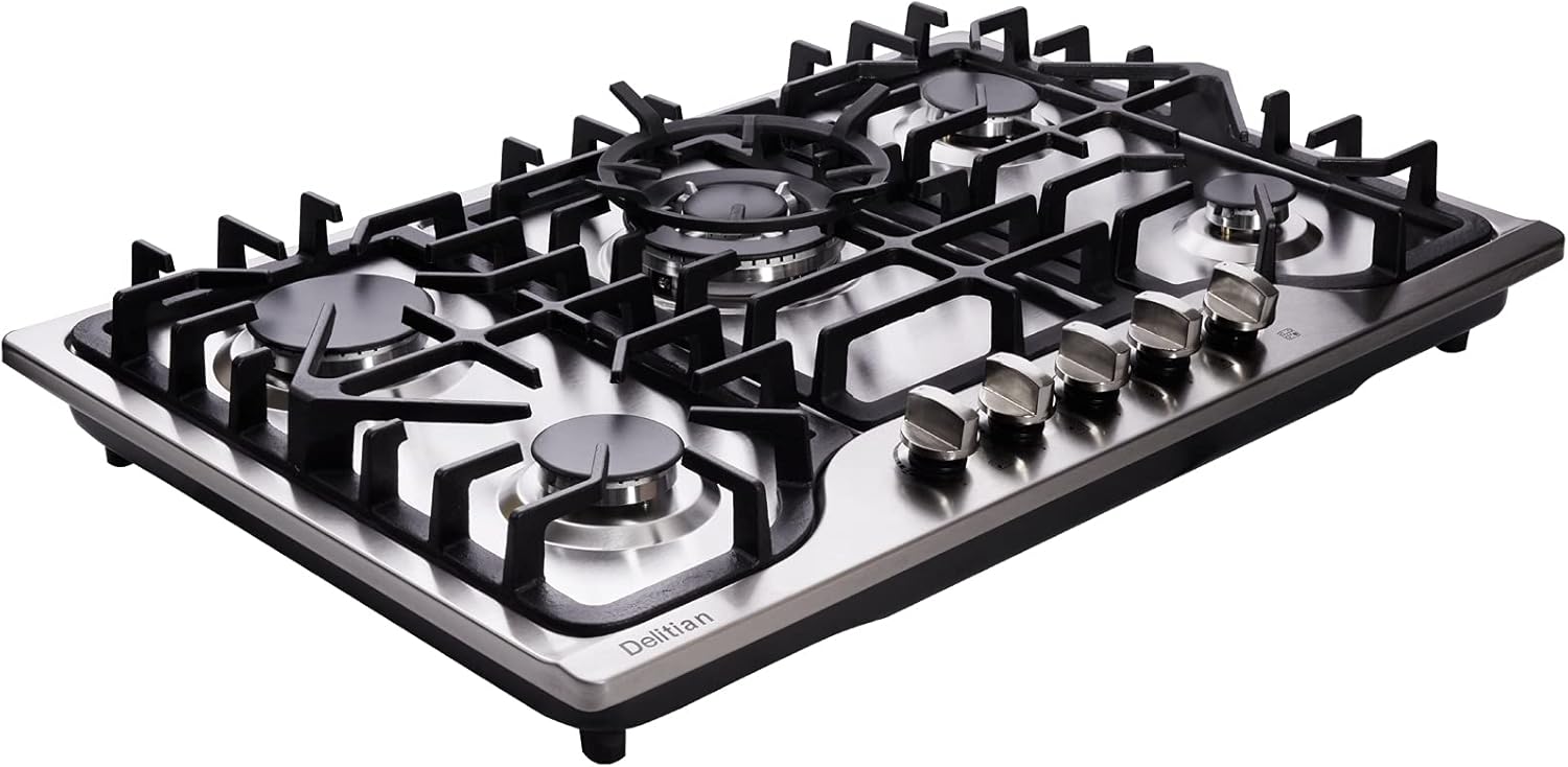 30 Inch Gas Cooktop DT57043 Stainless Steel 5 Burners Gas Cooktop LPG/NG Convertible Gas Stovetop Gas Cooktop