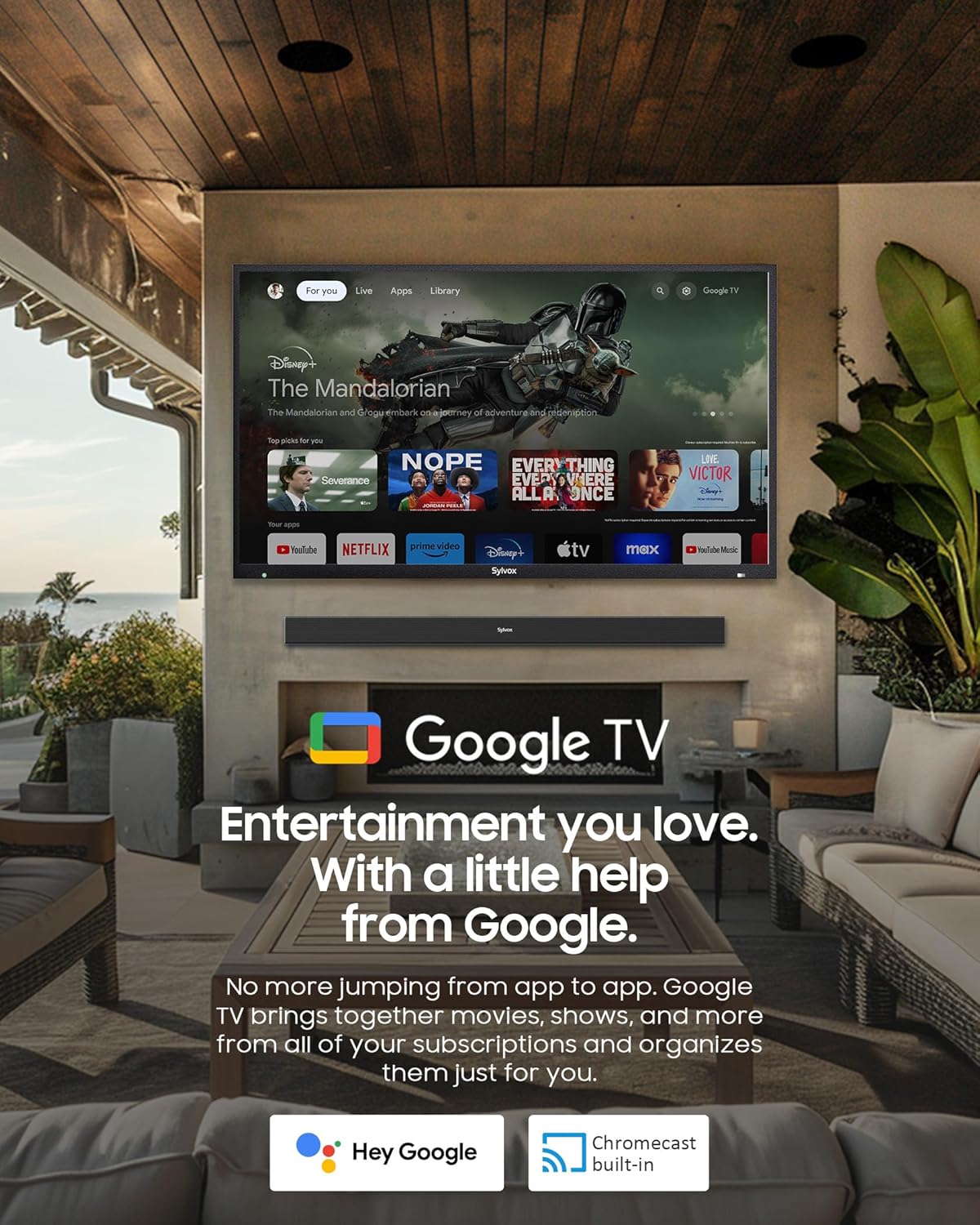 SYLVOX Outdoor TV, 43'' QLED Smart TV, IP55 Waterproof, Dolby Atmos HDR 10, Voice Remote,1000nits Weatherproof Television, Chromecast Built-in for Deck, Patio or Garden(Deck Pro QLED 2.0)