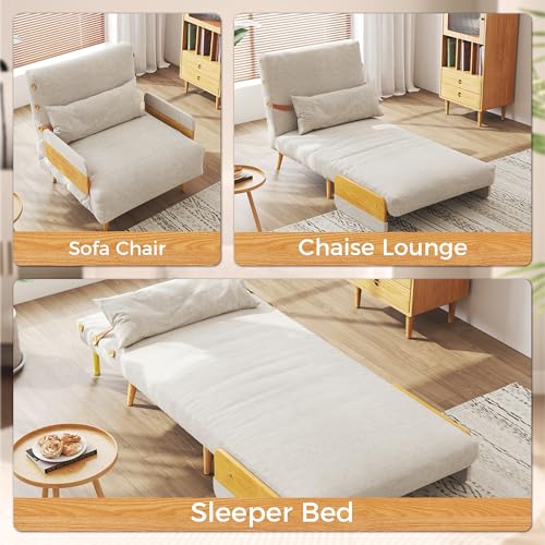 3-in-1 Convertible Chair Bed Sleeper for Adults, Linen Convertable Sleeper Chair with Wooden Arms & Pillows, Foldable Single Futon Sofa Bed (Mid Century with Walnut Arm, 36.6" Wide)