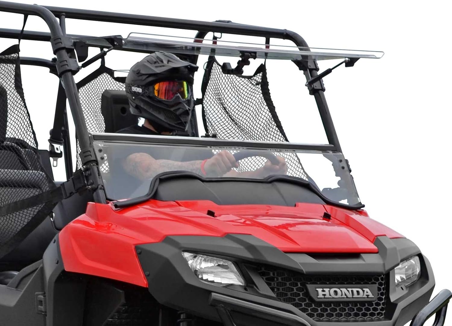 SuperATV Scratch Resistant Flip Windshield for 2014+ Honda Pioneer 700 / 700-4 | Made in USA | 250 Times Stronger than Glass | Can be set to Open, Vented, or Fully Closed!