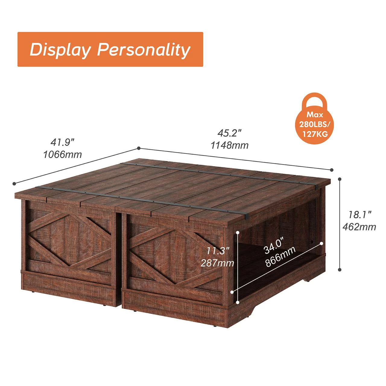 WAMPAT LED Light Modern Farmhouse 2 in 1 Coffee Table, Rectangle Wood Center Table with Open Storage for Living Room, Spliced Wood Desktop, Riveted Metal Bars, Yellow Light,Rustic Brown