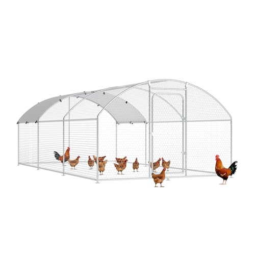 Large Metal Chicken Coop, Chicken Run Poultry Cage Hen with Water-Resident and Anti-UV Cover for Duck Rabbit House Outdoor Walk-in Chicken Pen for Yard, Dome Roof(10’ W x 19.7’ L x 6.4’ H)