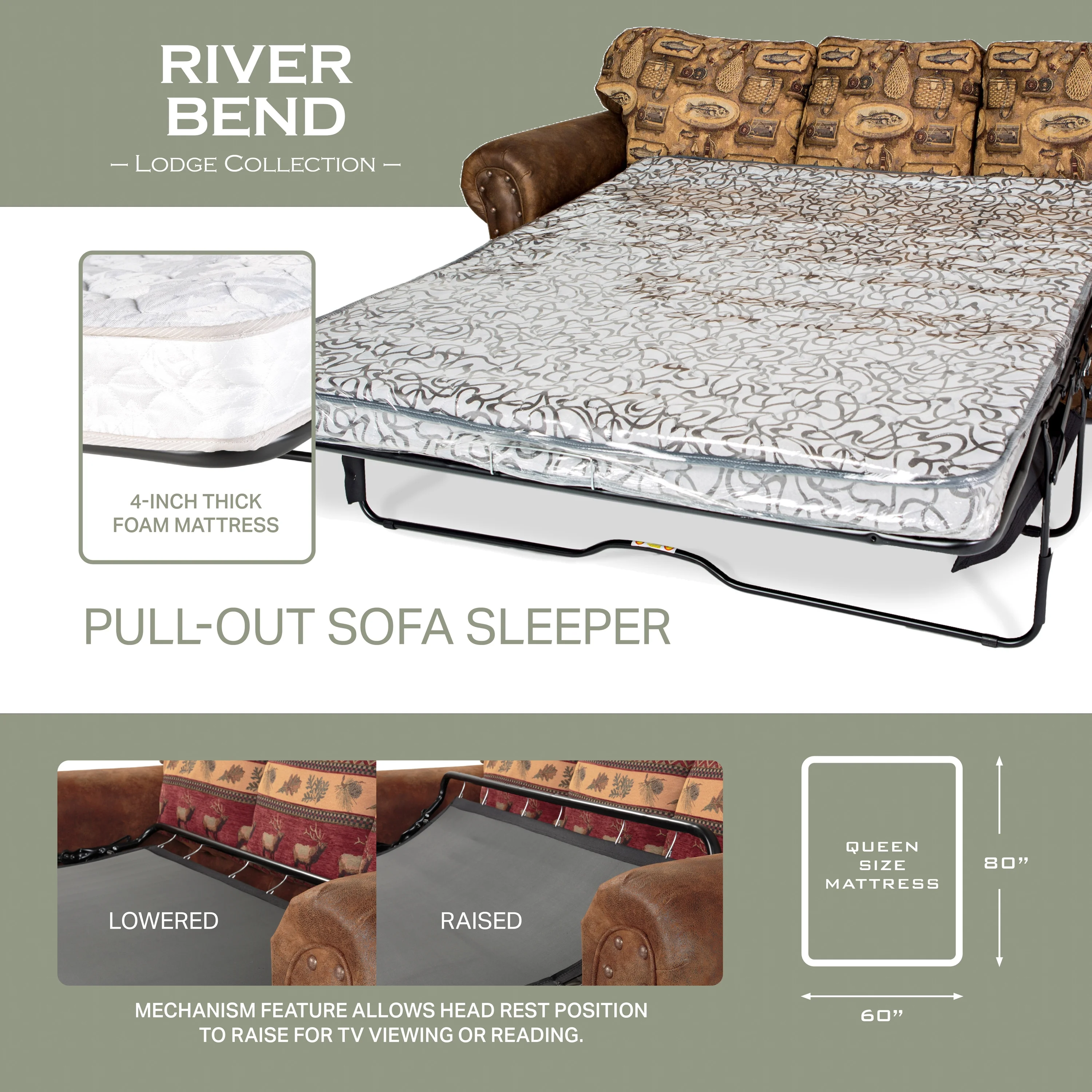 American Furniture Classics Model 8505-80 River Bend Lodge Style Sleeper Sofa for Adults