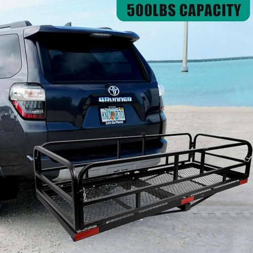 Hitch Cargo Rack, 60 x 24 x 14 Inch Folding Hitch Mount Cargo Carrier with High Side Rails for Trailer RV Truck SUV Van, 500 lbs. Capacity, 2" Receiver