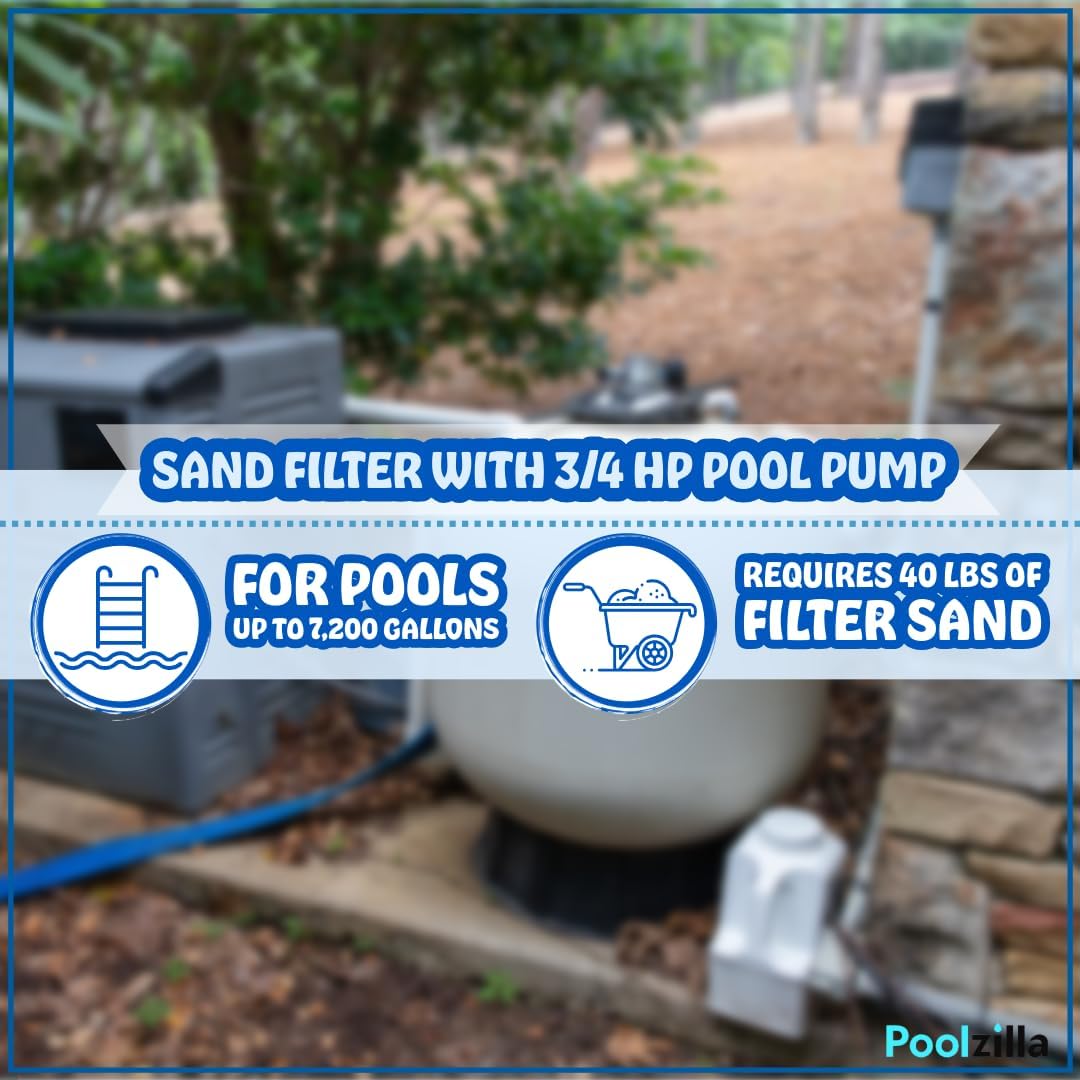 Poolzilla Tiger Shark 12" Sand Filter with 3/4HP Pool Pump 4 Way Valve Above Ground Pool Set with Stand, for Pools up to 7,200 Gallons