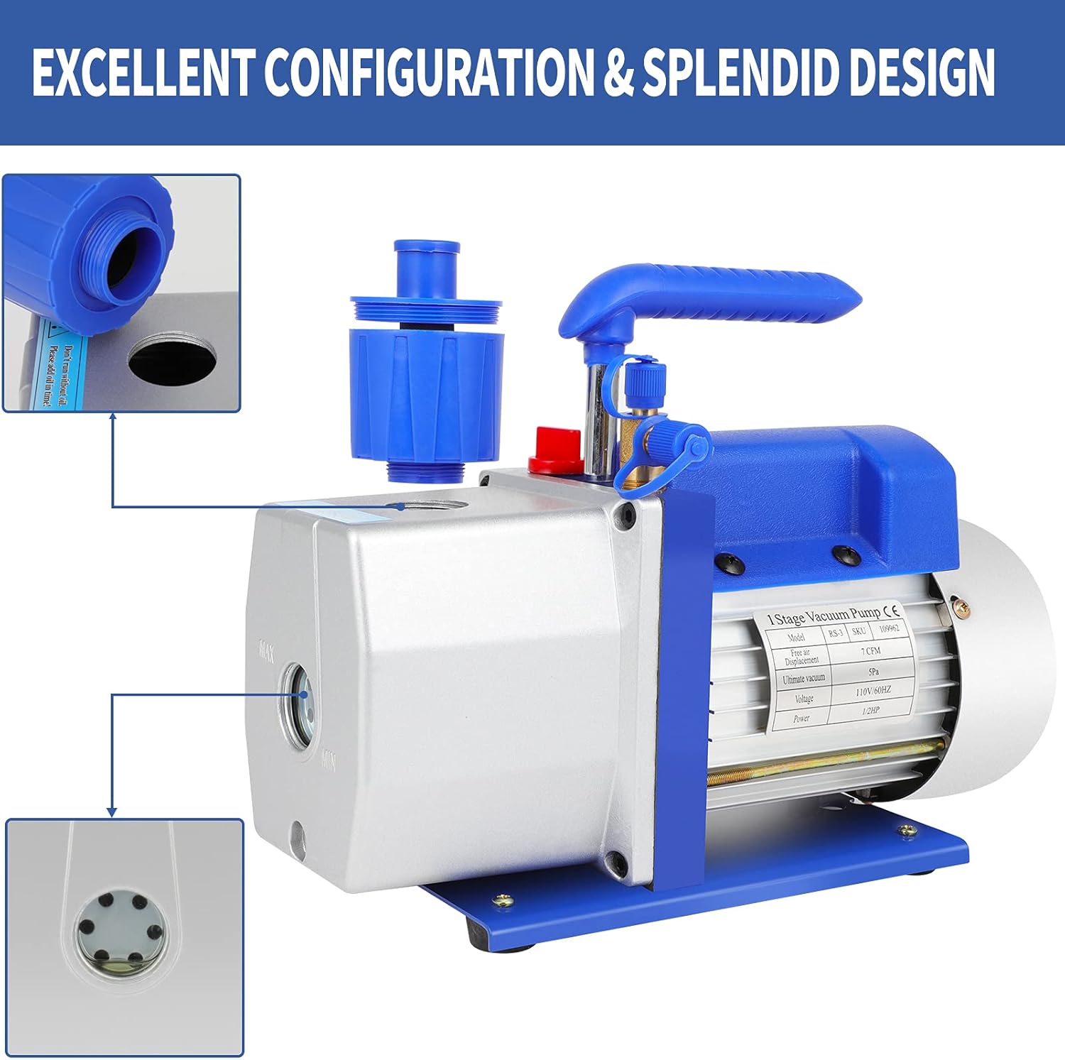 7 CFM Rotary Vane Vacuum Pump (7CFM,1/2HP,5 Pa,110V/60Hz,250ml Oil Capacity) for HVAC/Auto AC Refrigerant Recharging, Wine Degassing, Milking, Medical, Food Processing etc