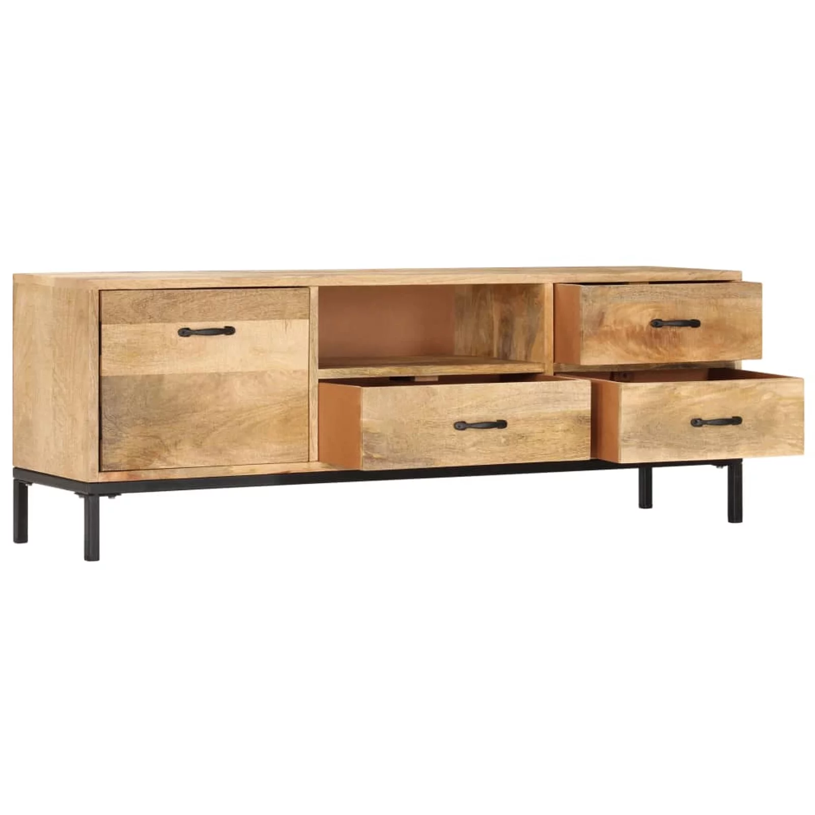 Anself TV Cabinet with Storage Drawers and Open Shelf Mango Wood Television Stand Sofa Couch End Side Table Iron Legs for Living Room Home Furniture 51.1 x 11.8 x 17.7 Inches (W x D x H)