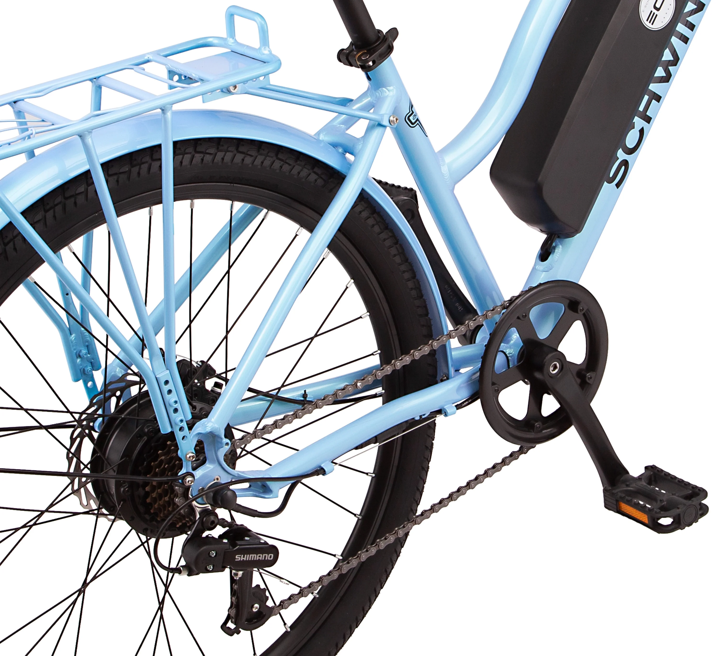 Schwinn 26" EC1 Electric Cruiser Bike for Adults, 7 Speeds, 250w Motor, Blue Ebike