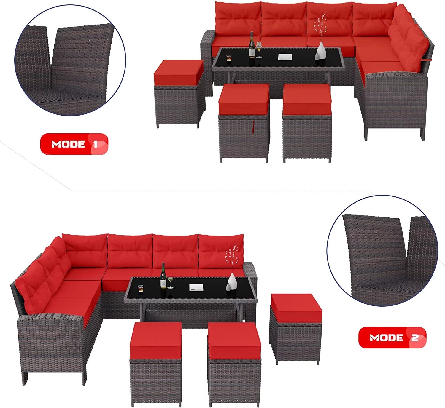 Gotland 7 Piece Outdoor Patio Furniture Set All-Weather Wicker Rattan Sofa Set Outdoor Sectional Conversation Set with 3 Loveseats,1 Dining Table and 3 Footrests,Red
