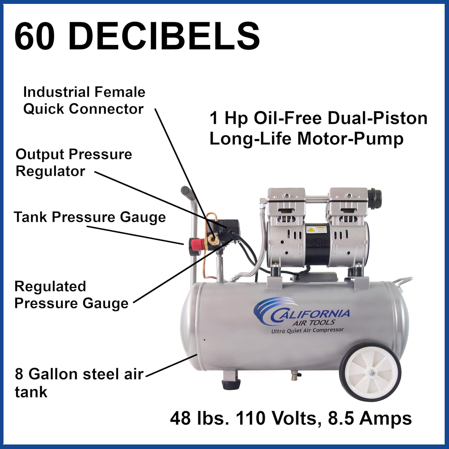 California Air Tools 8010 Steel Tank Air Compressor, 8 gal & Estwing E1450PVCR 1/4" x 50' PVC/Rubber Hybrid Air Hose with Brass 1/4" NPT Industrial Fitting and Universal Quick Connect Coupler