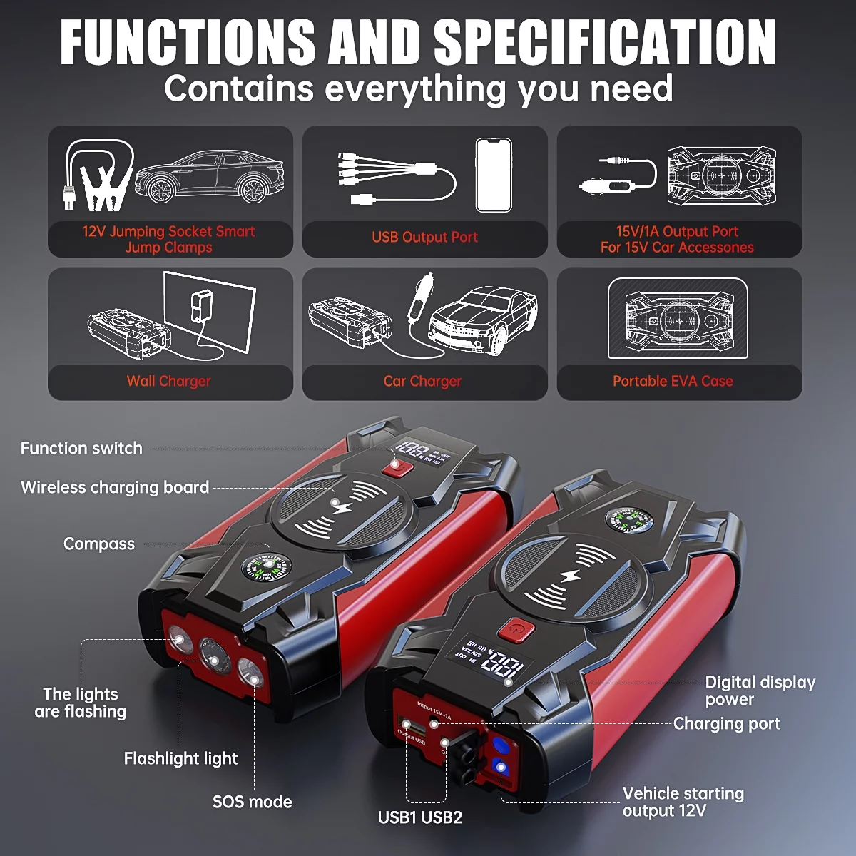 Car Jump Starter w/Wireless Changing, 4000A Peak 39800mAH Battery Jump Starter(Up to 8.0L Gas or 6.5L Diesel), 12V Auto Battery Booster w/ LCD Display & 4 LED Modes, Portable Power Bank Charger&QC 3.0