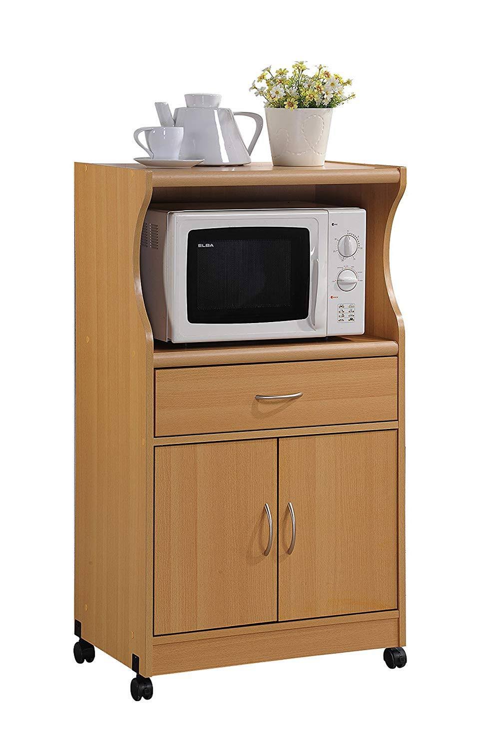 Hodedah Microwave Cart with Storage Doors Drawer Kitchen Rolling Portable Cabinet Wood Unit (Beech)