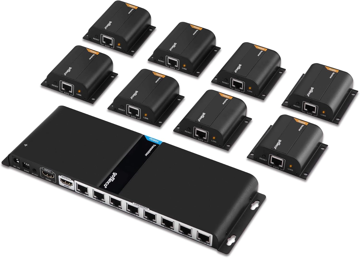 gofanco 1080p 1x8 8 Port HDMI Extender Splitter Over CAT6/CAT6a/CAT7 Ethernet Cable with an HDMI Loopout & IR Extension (1 in 8 Out) – Up to 40m (130ft) at 1080p 60Hz (HDMIExt8P)