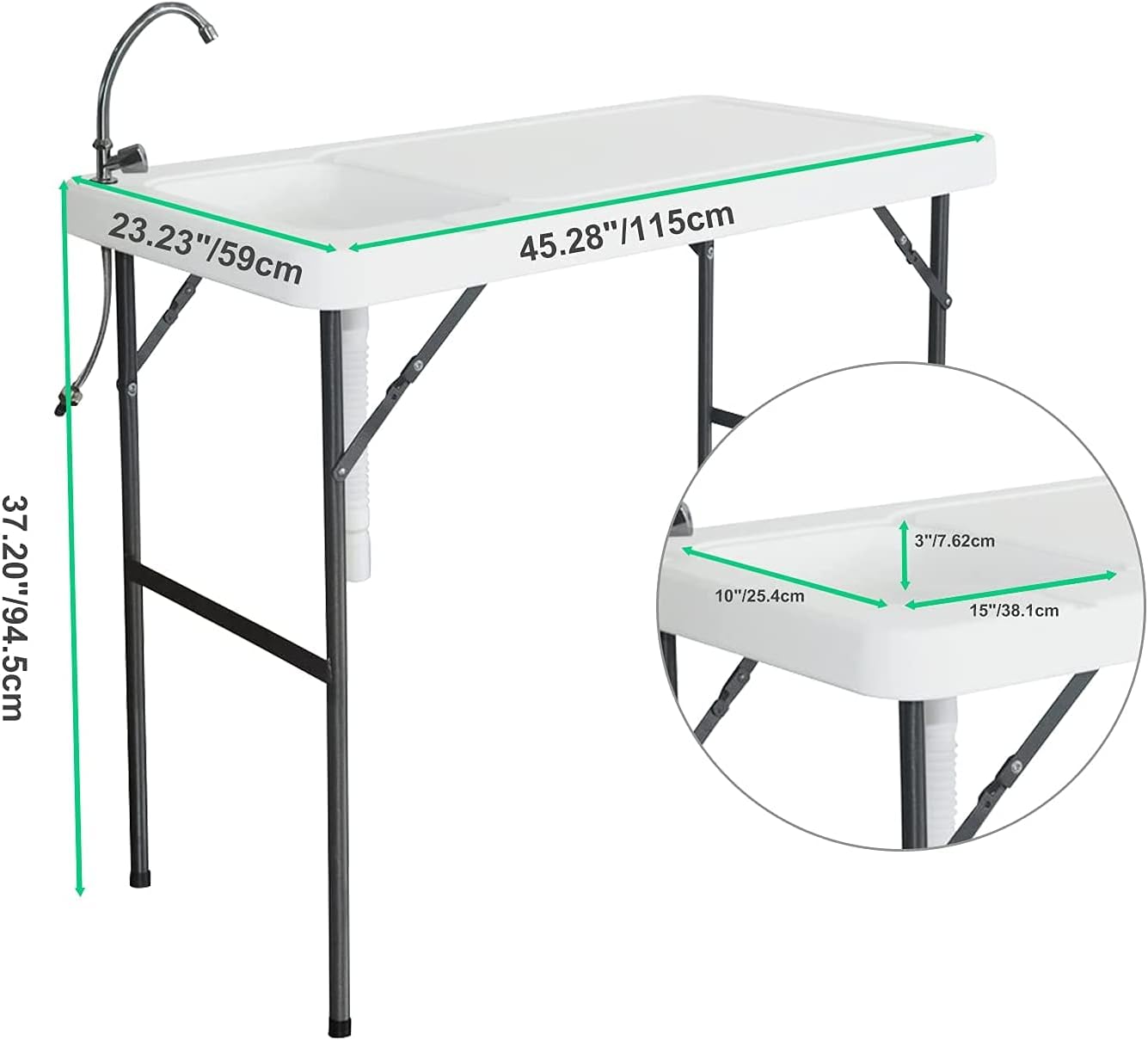 Portable Fish Cleaning Camping Table W/Sink & Faucet, Folding Lightweight & Adjustable Filet Workbench, Outdoor Kitchen Cooking Wash Hand Station for Picnic, Beach, RV, Grill, BBQ