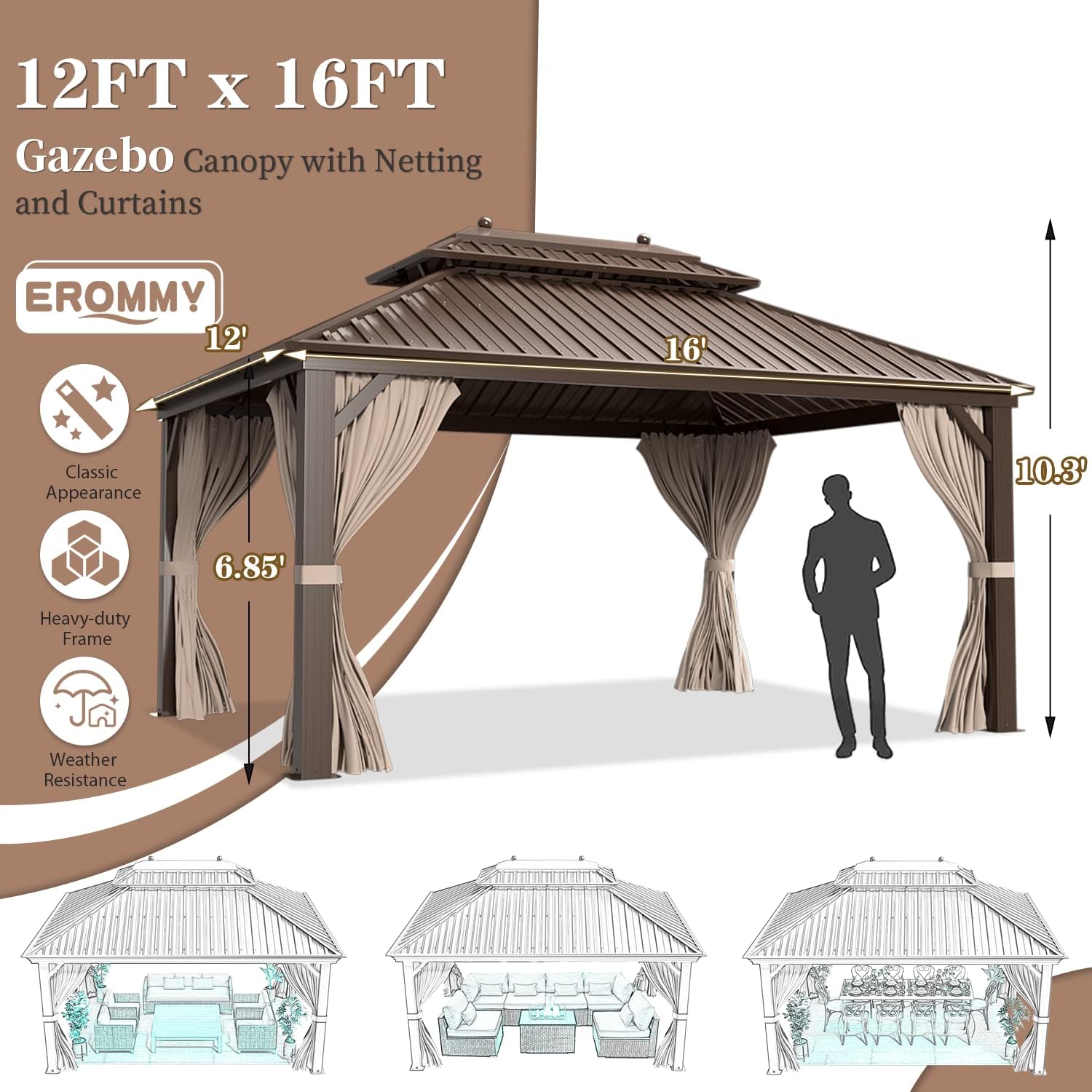 EROMMY Hardtop Gazebo Galvanized Steel Outdoor Gazebo Canopy Double Vented Roof Pergolas Aluminum Frame with Netting and Curtains for Garden,Patio,Lawns,Parties (10'x 13')
