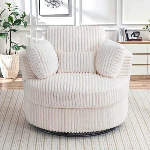 Chair and A Half with Ottoman, 360° Swivel Accent Barrel Chair Modern Comfy Round Reading Sofa Swivel Chairs Circle Lounge Chair for Bedroom Living Room w/4 Pillow Lower Seating Heigh (White, Large)