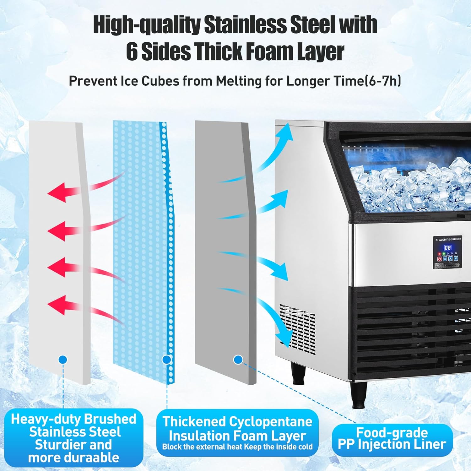 Upgraded Commercial Ice Maker Machine, 300Lbs/24h with 100lbs Storage Bin/Ice Scoop/Blue Light, Freestanding Ice Machine for Home, Restaurants, Bars, 500W