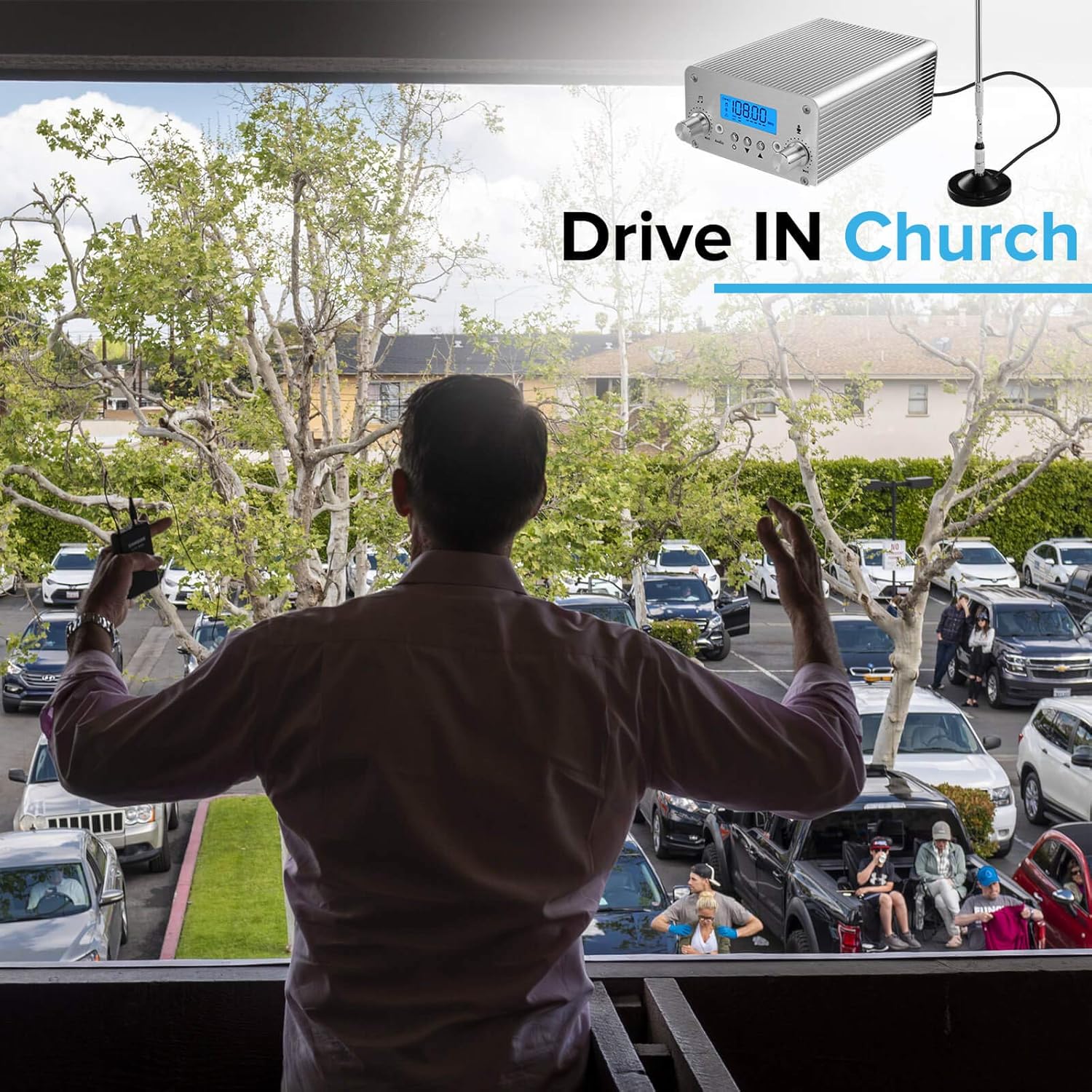 FM Transmitter for Church, APROTII 15W FM Broadcast Transmitter Long Range 1000m, Bluetooth MP3 Broadcast Radio Station 87~108MHz, FM Transmitter for Parking Lot Service, Outdoor Drive-in Movie