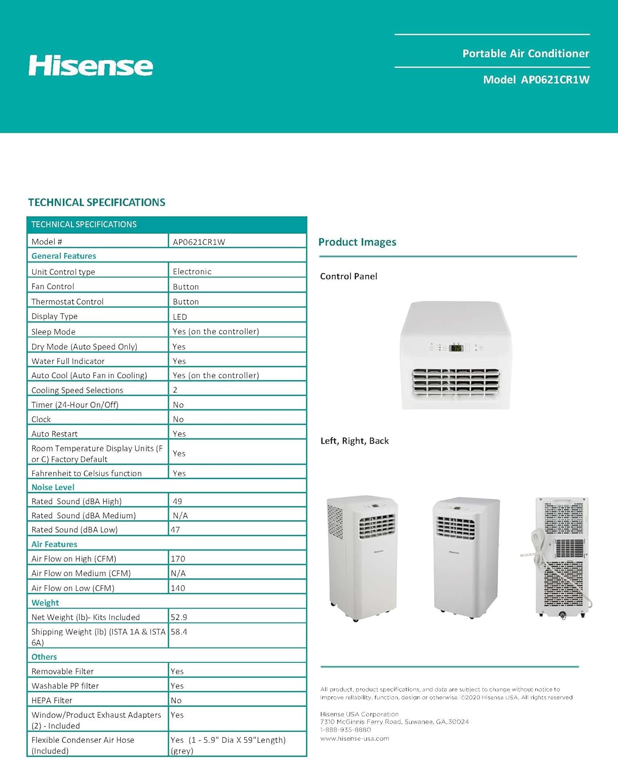 Hisense Portable Air Conditioner 250-Sq.ft 6000 BTU 115-Volt White AP0621CR1W, Ultra-Slim Portable Air Conditioner