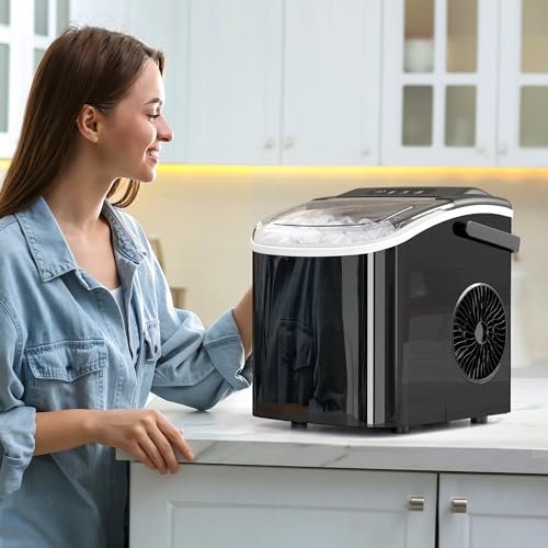 AGLUCKY Ice Makers Countertop with Handle,26.5Lbs/24H,9 Cubes in 6 Mins,2 Sizes of Bullet Ice,Portable Ice Maker Machine with Self-Cleaning,Perfect for Home Kitchen(Black)