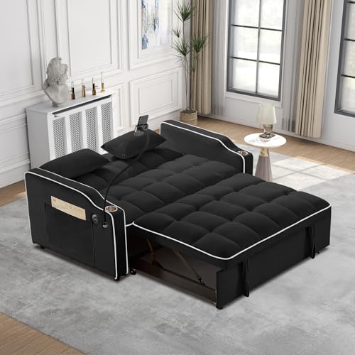 Convertible Sleeper Sofa Bed, 3 in 1 Velvet Pull Out Loveseat Couch Modern Comfy Futon Sofa with Adjustable Backrest & Phone Holder & USB Charging Space Saving for Living Room, Small Apartment, Grey