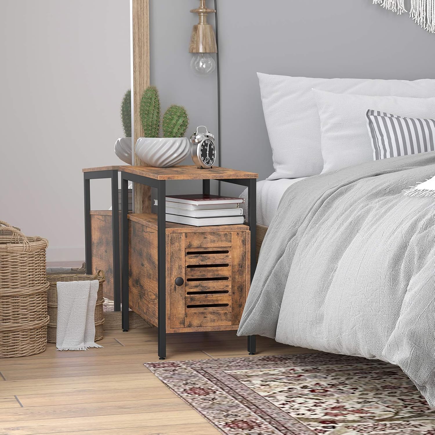 HOOBRO Narrow Nightstand with Cabinet, Side Table with Switchable Door for Small Space, Industrial End Table for Reception Room, Bedroom, Kitchen, 23.6 x 12.6 x 23.6 inches, Rustic Brown BF94BZ01
