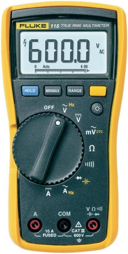 Fluke 115 Digital Multimeter, Measures AC/DC Voltage To 600 V and AC/DC Current to 10 A, Measures Resistance, Continuity, Frequency, and Capacitance, Includes Carrying Case and Silicone Test Lead Set