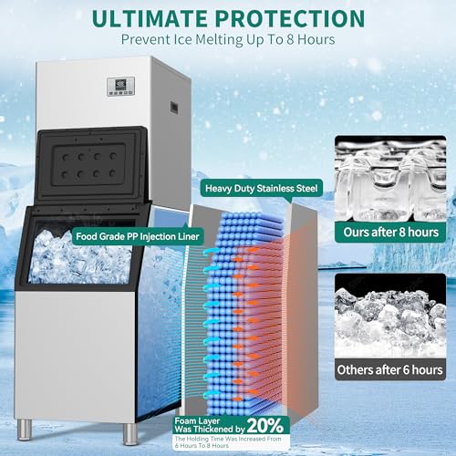 YITAHOME Commercial Ice Maker Machine with Storage Bin, Upgraded Compressor, Self-Cleaning Stainless Steel Industrial Ice Mchine, Includes Ice Scoop, Ice Bucket and Connection Hose