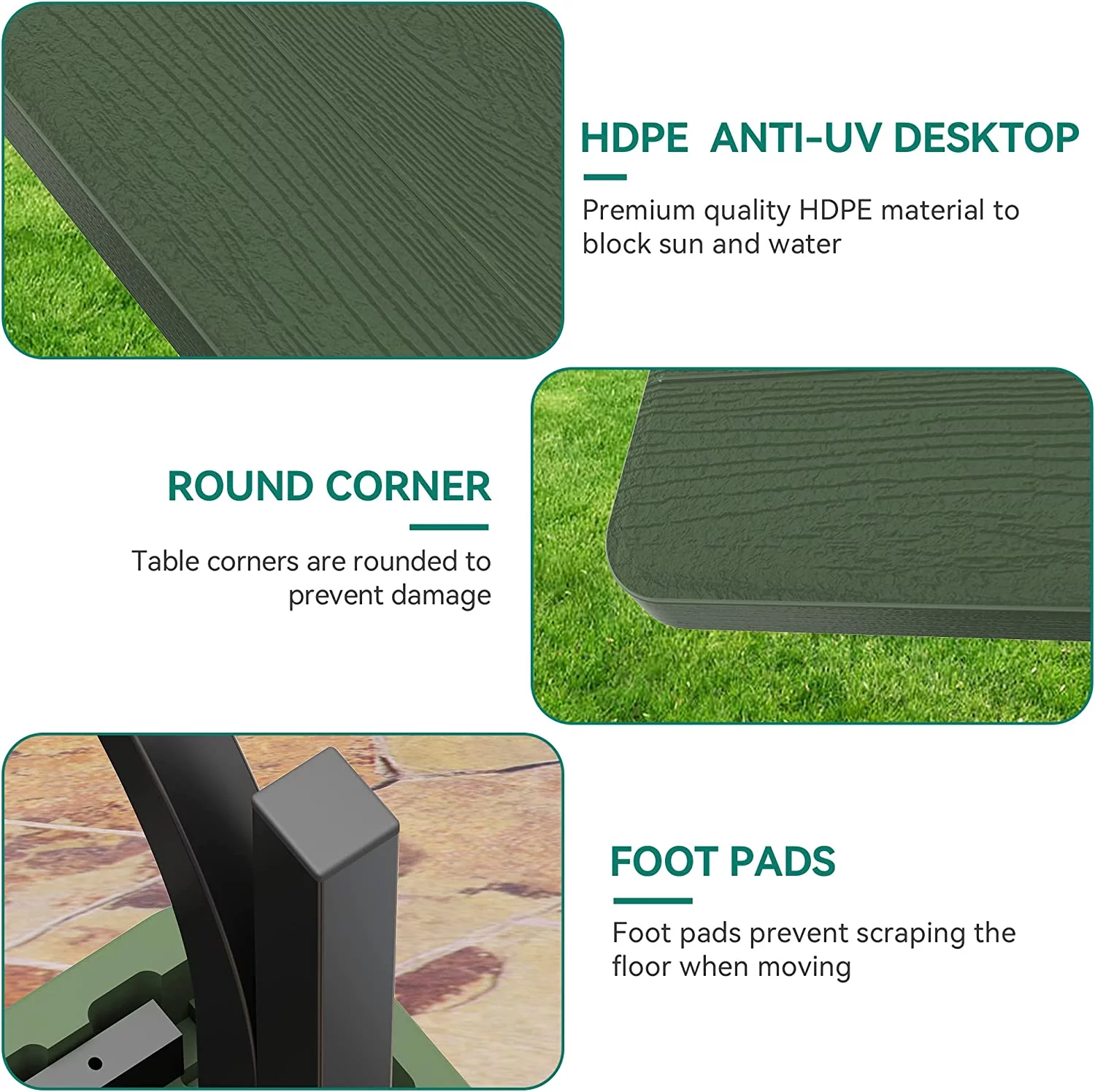 DWVO Picnic Table 6ft Heavy Duty Outdoor Picnic Table and Bench Resin Tabletop & Stable Steel Frame w/Umbrella Hole for Yard Patio Lawn Party Green