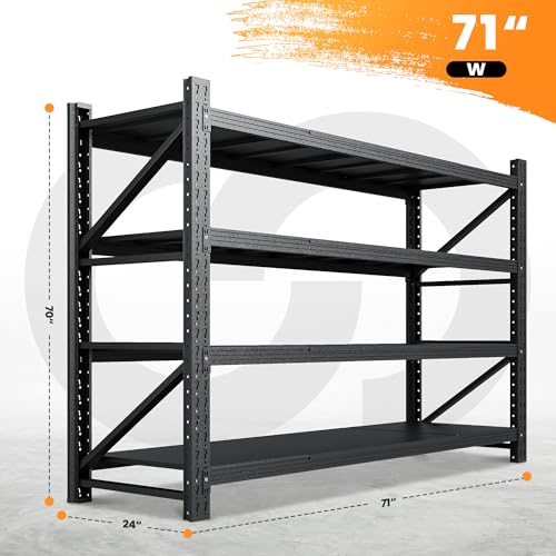 71” W Storage Shelves Heavy Duty, 5000LBS Metal Garage Shelving Units, 4 Tier Storage rack shelf, Steel Industrial Shelving , Adjustable Standing Shelf for Basement/Warehouse 71"W x 24"D x 70"H, Black