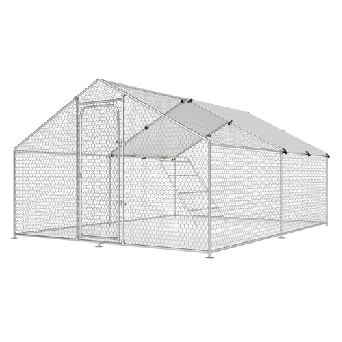 Large Metal Chicken Coop Walk-in Poultry Cage Chicken Run Pen Dog Kennel with Waterproof and Anti-Ultraviolet Cover for Outdoor Farm Use(9.8' L x 19.7' W x 6.4' H)
