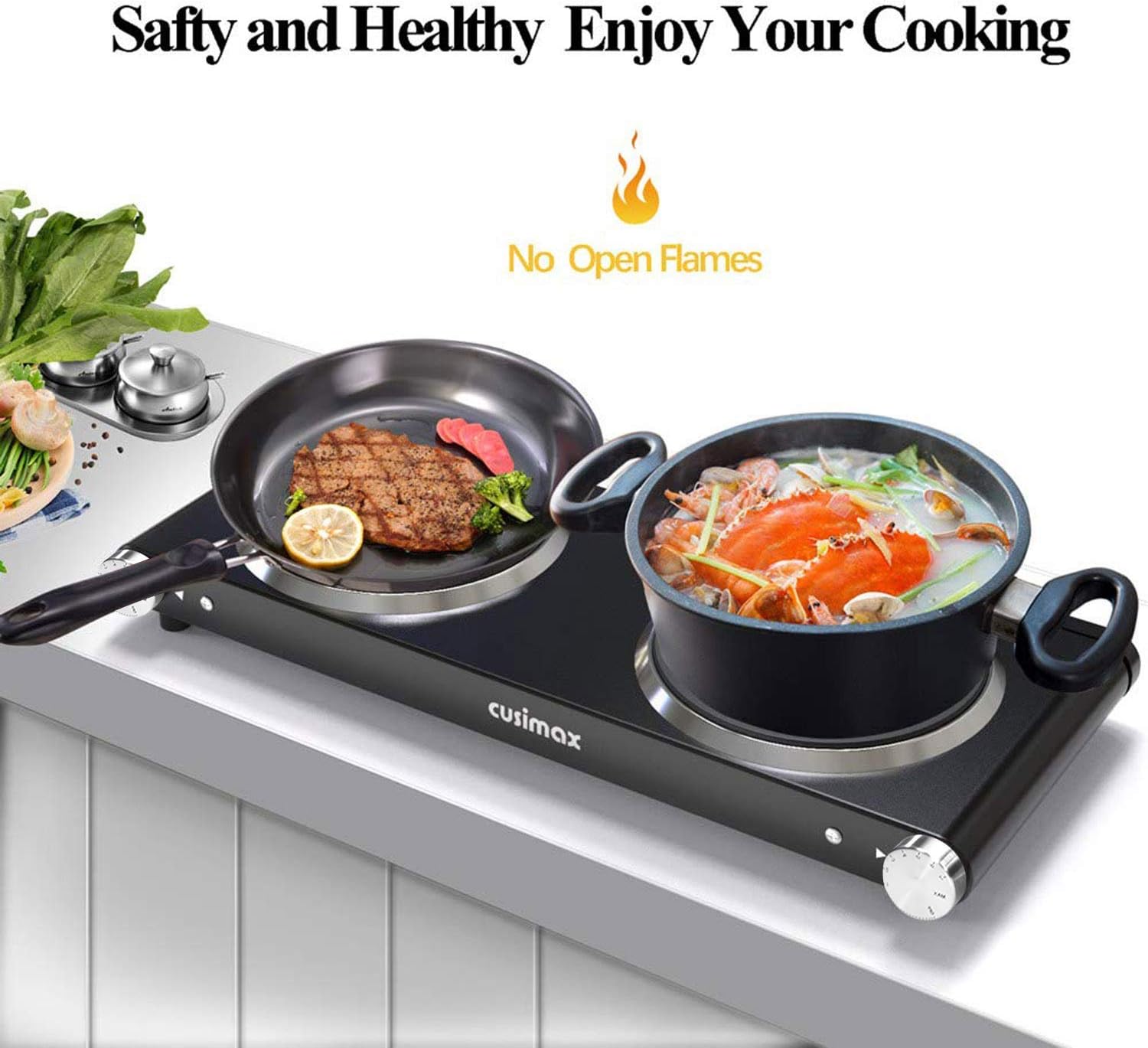 Cusimax Hot Plate Electric Burner Single Burner Cast Iron hot plates for cooking Portable Burner 1500W with Adjustable Temperature Control Stainless Steel Non-Slip Rubber Feet, Upgraded Version