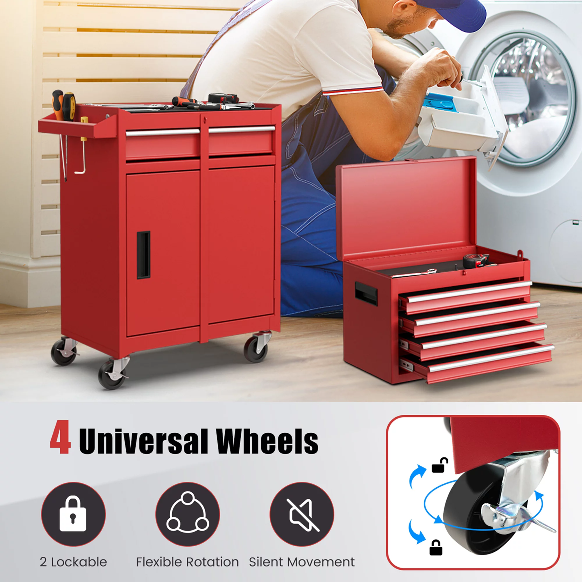 Costway 5-Drawer Rolling Tool Chest Cabinet Metal Tool Storage Box Lockable with Wheels Red