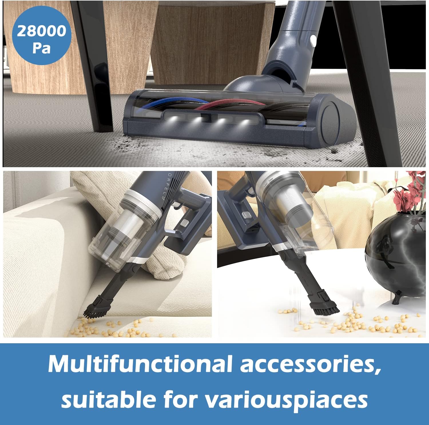 Orfeld Cordless Vacuum Cleaner,28000pa Cordless Vacuum,Smart LED Touch Screen Powerful Suction Stick Vacuum,Up to 60mins Runtime 6 in 1 Lightweight Handheld Vacuum for Hardwood Floor Carpet Pet Hair