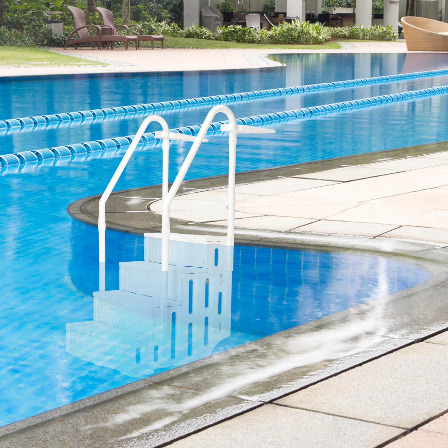 Above Ground Swimming Pool Ladder with Handrails, Pool Steps to Deck, Adjustable Pool Safety Ladder for Above Ground Swimming Pools, White
