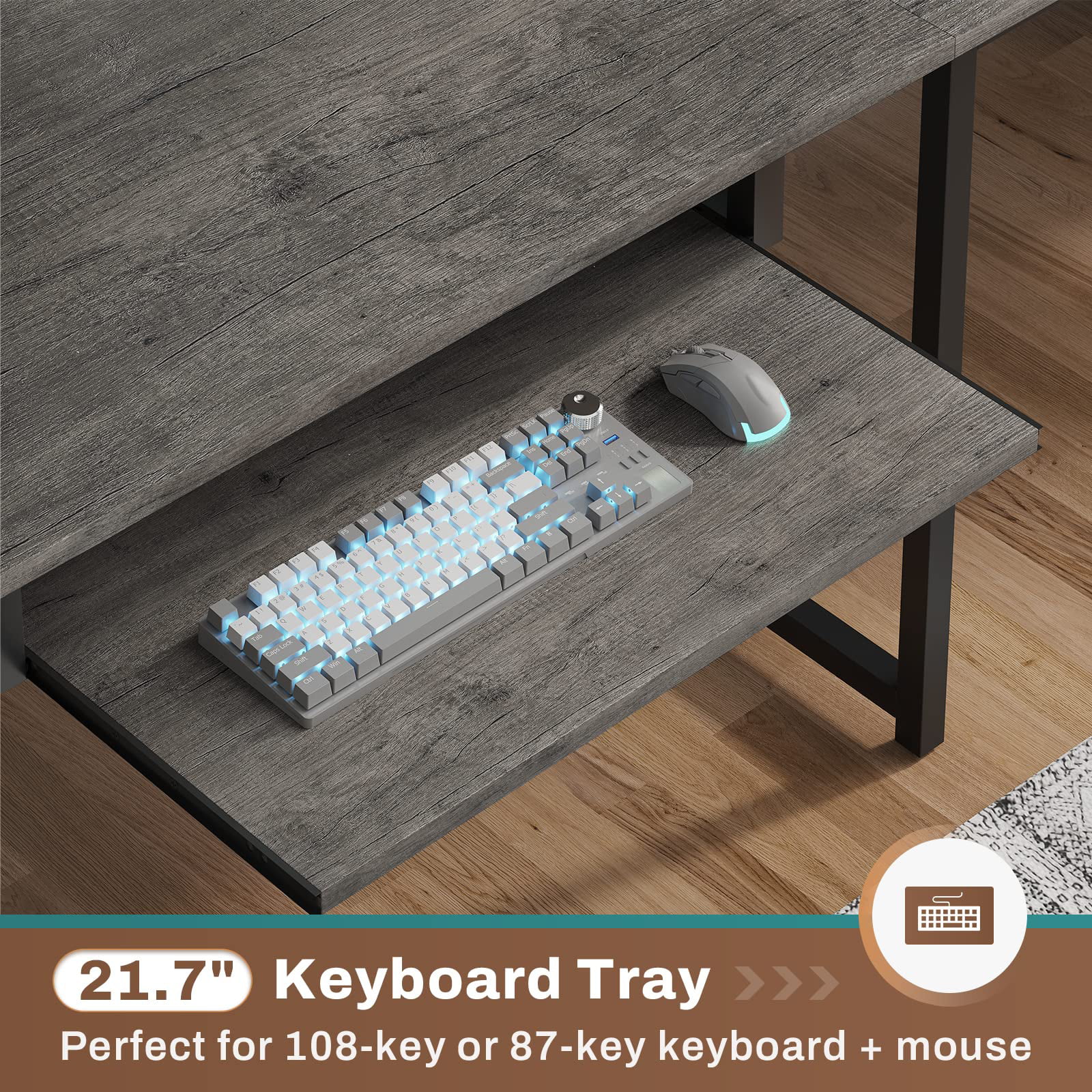 L Shaped Desk with Hutch, Long Home Office Desk with Power Outlet & Led Light,Computer Gaming Desk with Storage Shelves,Keyboard Tray,Hook,Grey
