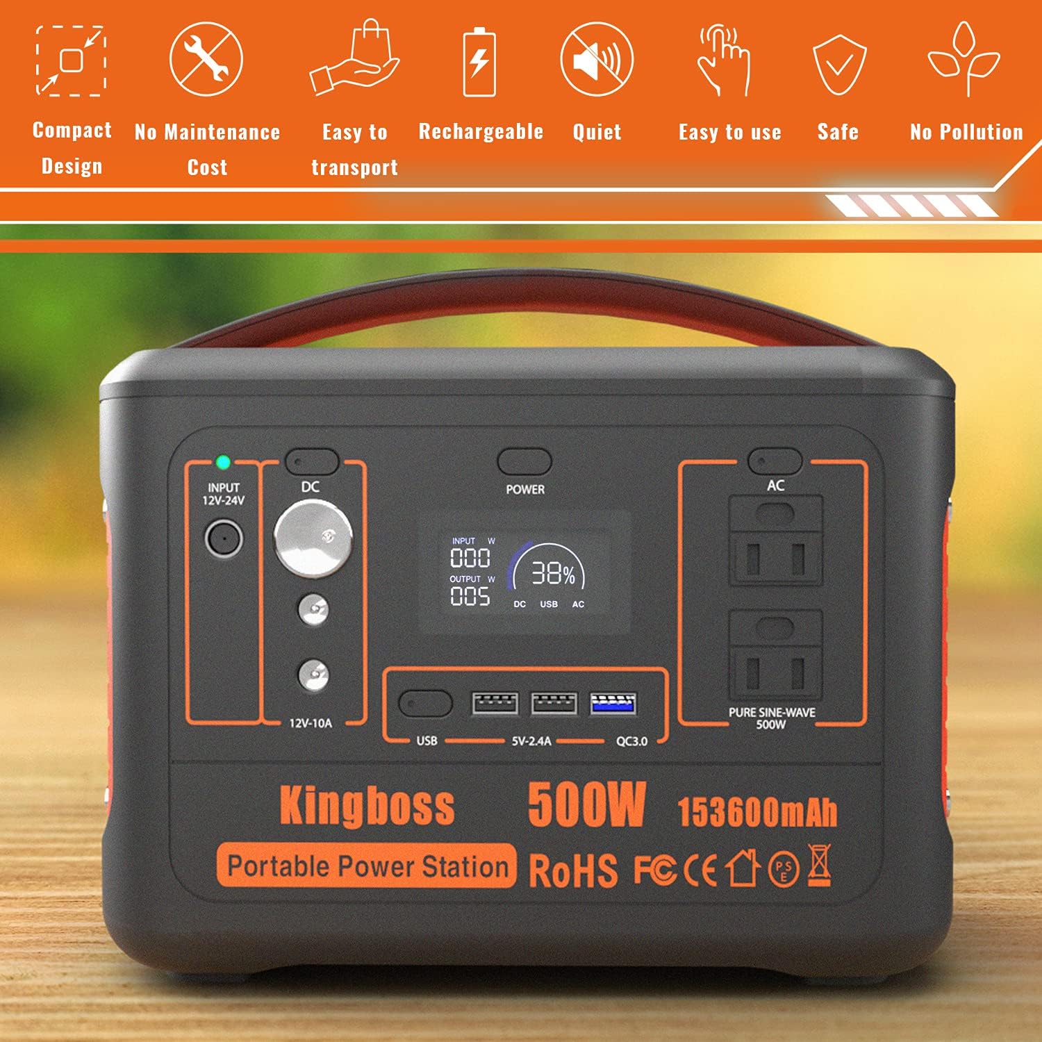 Portable Power Station 500W Kingboss, 568WH 153600mAh Outdoor Solar Generator Backup Lithium Battery with 110V/500W (Peak 1000W) AC Outlet, 2* DC, Carport, 2*USB-C, QC USB 3.0 for Camping, Powerbank