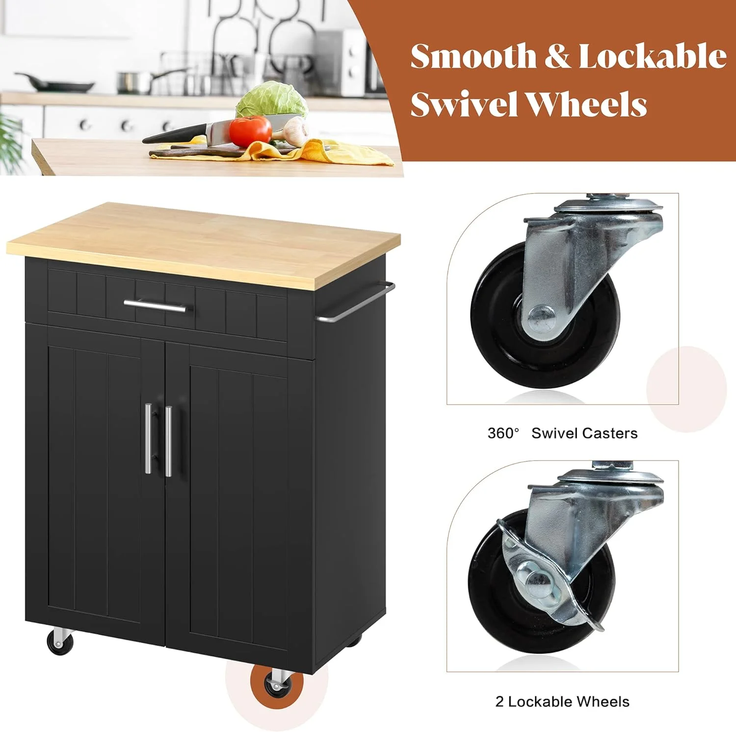 Kitchen Island on Wheels with Storage Cabinet & Drawer, 26" Width Rolling Kitchen Table, Cart Handle for Towel Rack or Free Mobility, Portable Islands for Kitchen, Dining Room(Black) - Curated Treasures Market