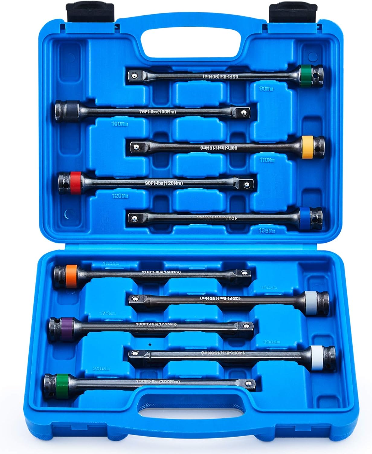 10pc 1/2" Drive Torque Limiting Extension Bar Set, Torque Extension Tool Set with 8 Inch 65-150 ft.-lb. Torque Sticks for Safely Locking Lug Nuts, Impact Torque Limiter Set Pack of 2