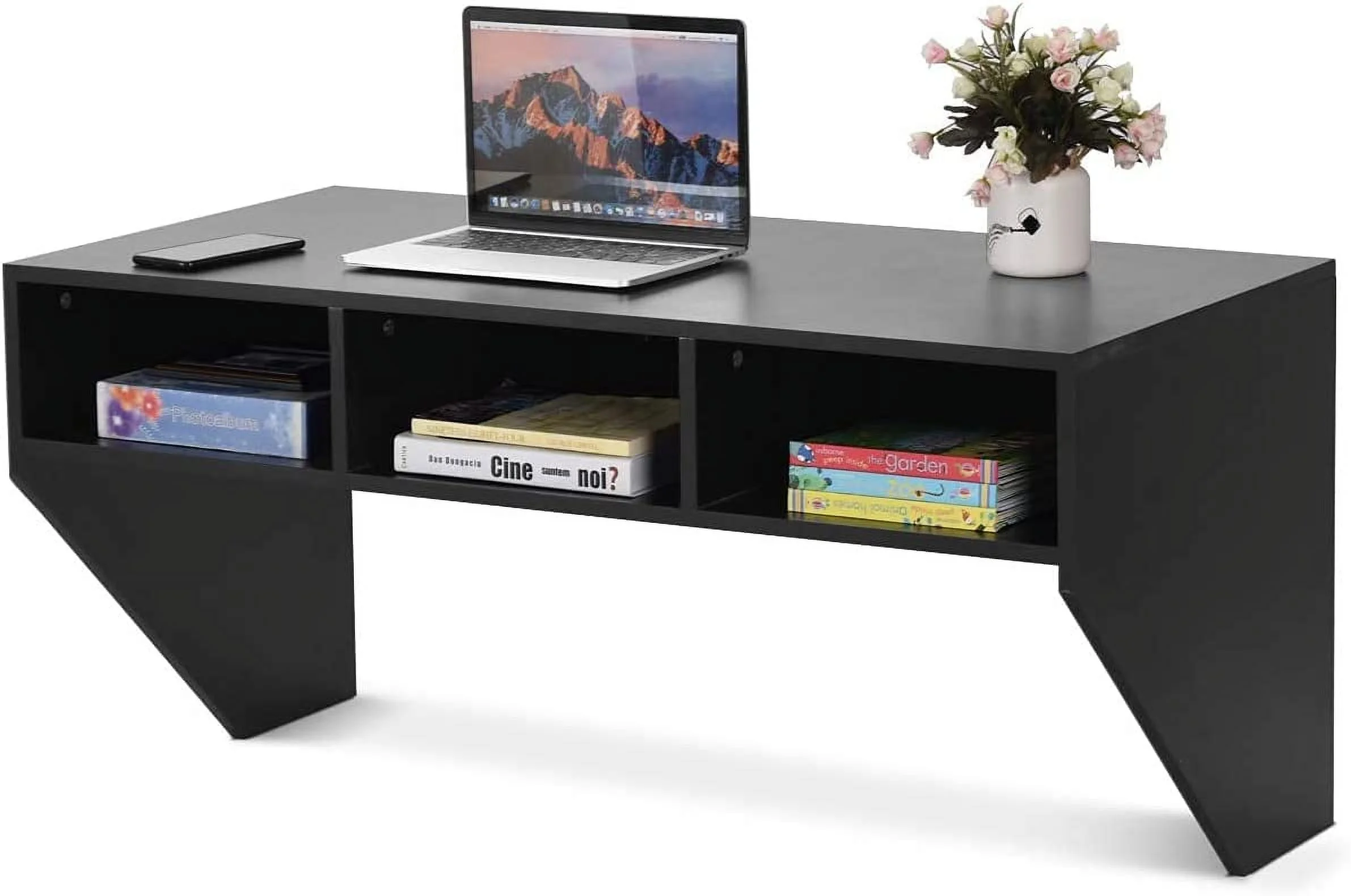 Wall Mounted Desk Floating Computer Desk, Writing Study Table W/3 Storage Shelves, Laptop PC Table for Living Room, Bedroom, Office (Black)