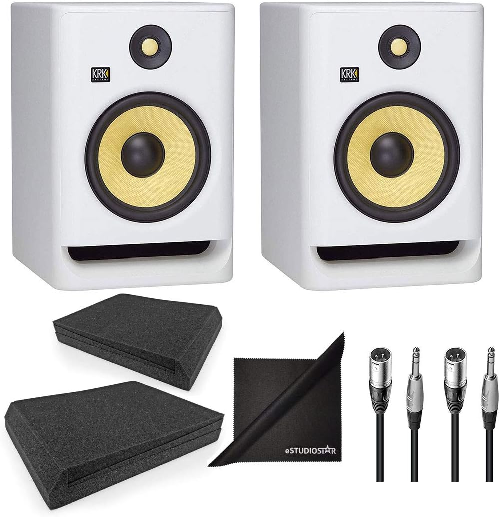 KRK ROKIT RP8G4WN 8'' Powered Studio Monitoring Speakers White w/AxcessAbles Speaker Isolation Pads, Audio Cables and eStudioStar Polishing Cloth