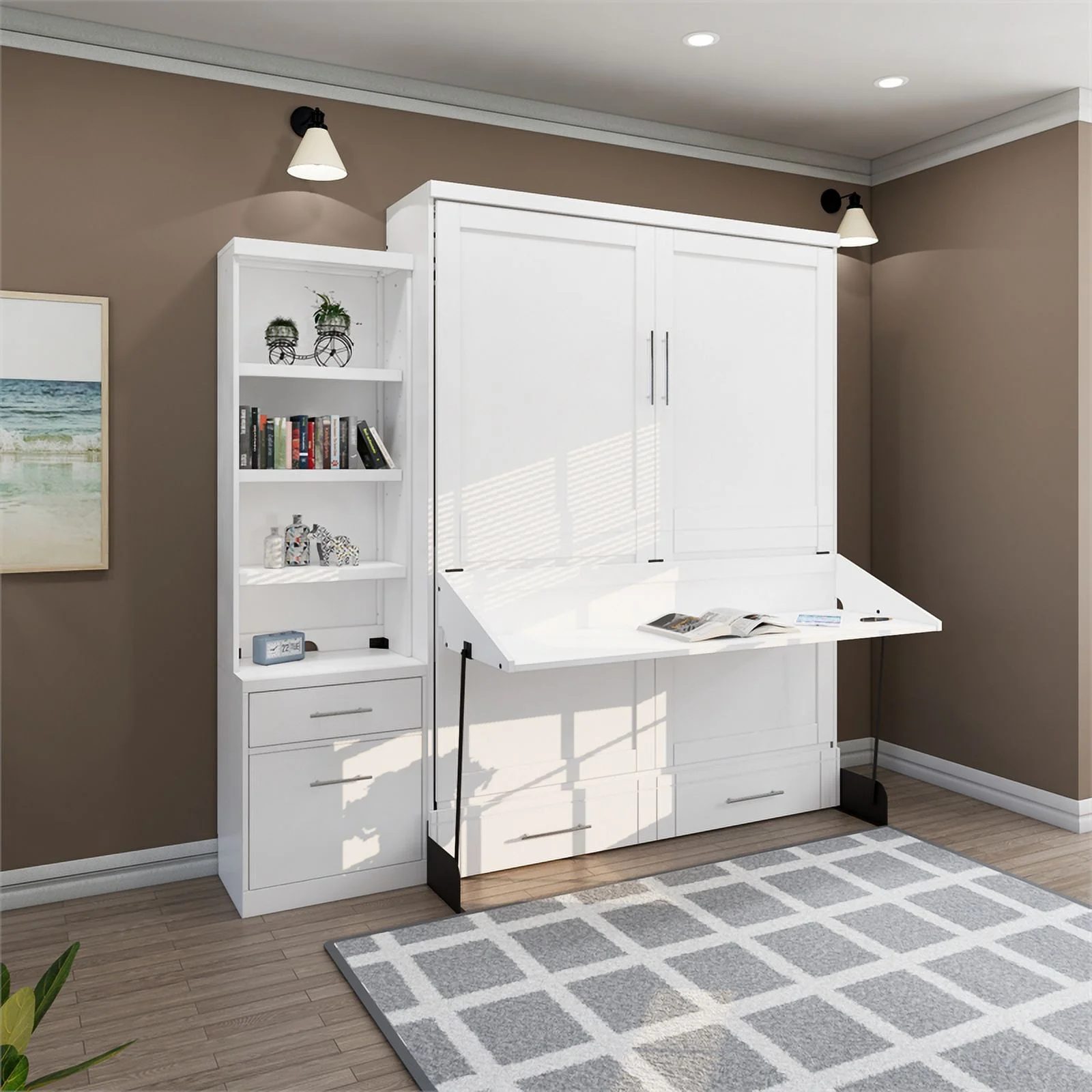 RoomAndLoft Queen Wood Murphy Wall Desk Bed & Shelf Storage in White