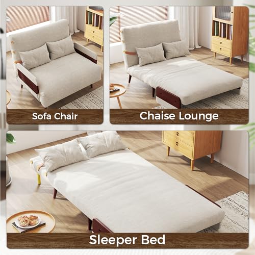 3-in-1 Convertible Chair Bed Sleeper for Adults, Linen Convertable Sleeper Chair with Wooden Arms & Pillows, Foldable Single Futon Sofa Bed (Mid Century with Walnut Arm, 36.6" Wide)