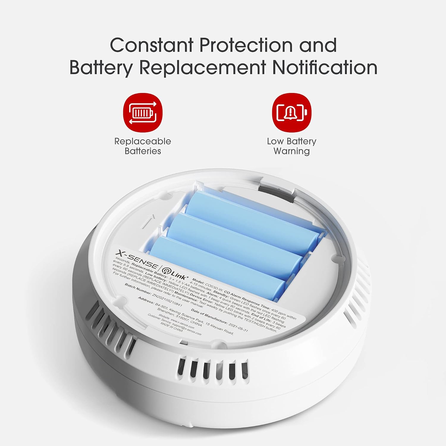 X-Sense Wireless Interconnected Carbon Monoxide Detector, Replaceable Battery-Powered CO Alarm with Digital Display, Auto-Check, CO03D-W, Pack of 2