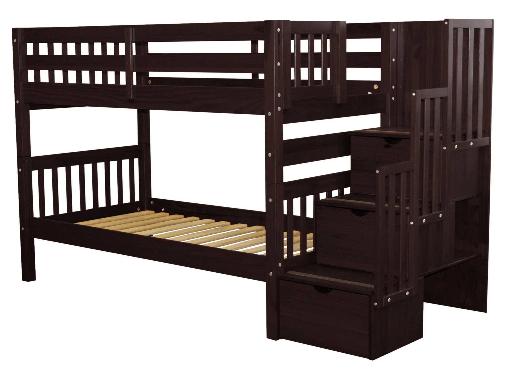 Bedz King Stairway Bunk Beds Twin over Twin with 3 Drawers in the Steps, Dark Cherry