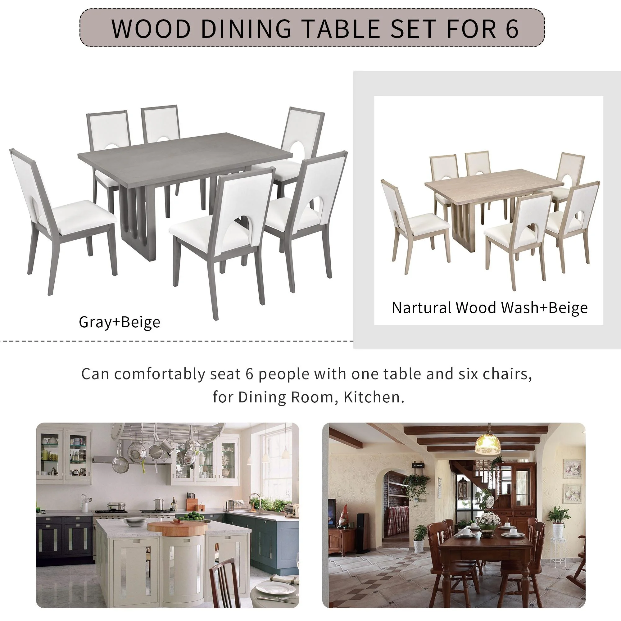 Wood Dining Table Set for 6, Atumon 7 Piece Dining Room Set, Dining Table Set with 6 Beige Cushioned Chairs, Farmhouse Dining Table Set, Dining Table Set Furniture for Kitchen Dining Room, Gray