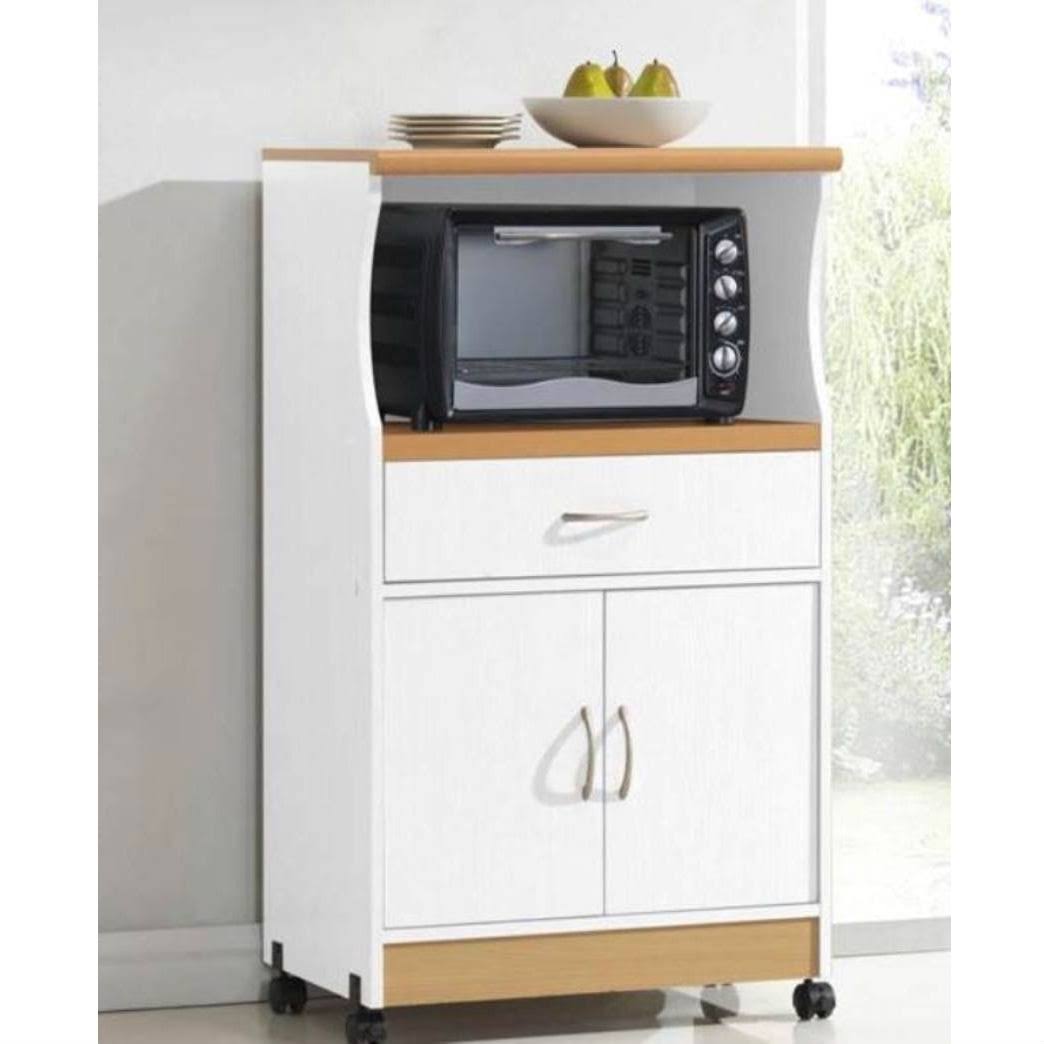 FastFurnishings White Kitchen Utility Cabinet Microwave Cart with Caster Wheels - HMCWD597412