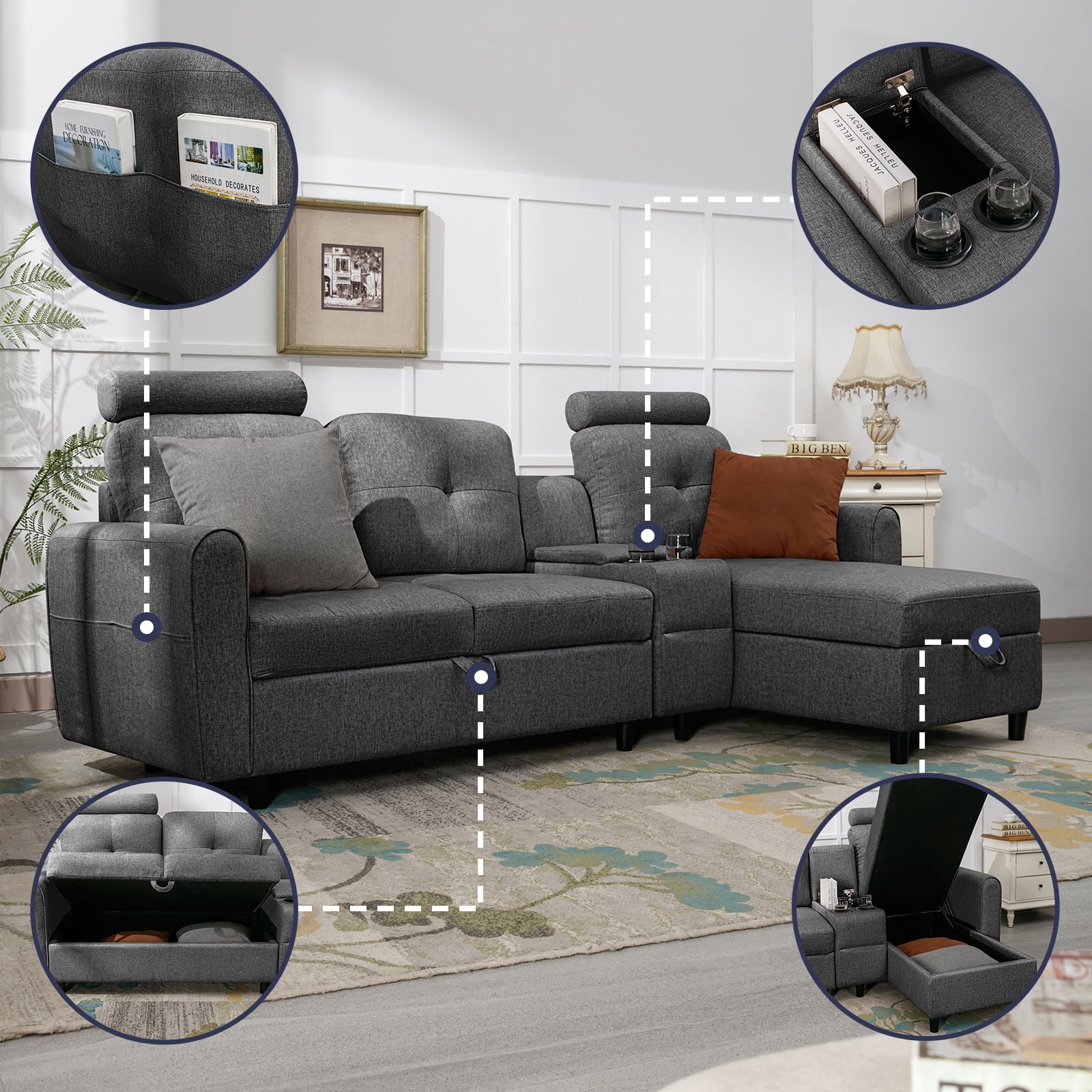 ZAFLY Convertible Sectional Couch, L Shaped Sofa with Storage Chaise, Modern Sectional Sofa with Cup Holders and Neck Pillows, Reversible Sectional Couch for Living Room, Dark Grey