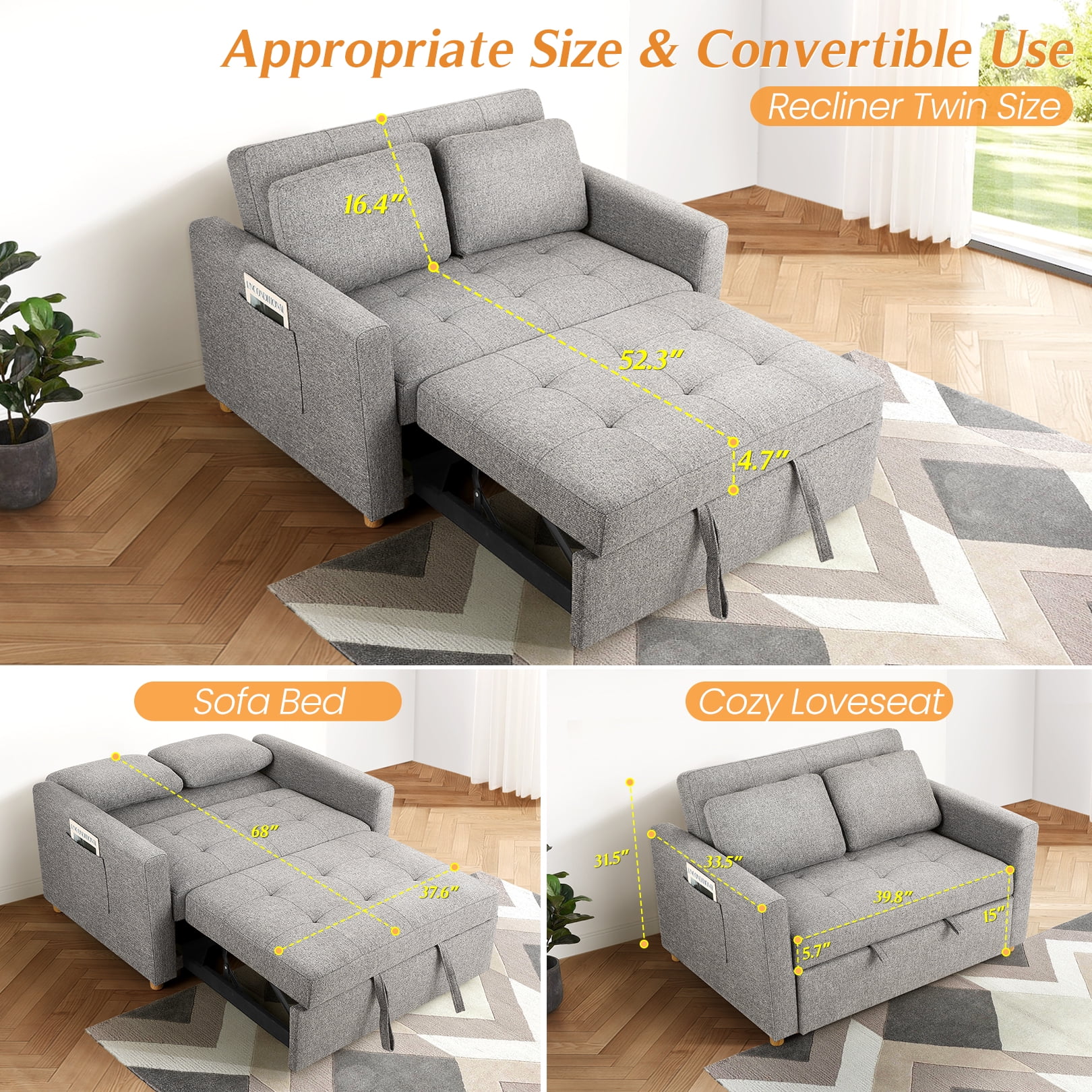 SEJOV Pull Out Sofa Bed 2 Seater Loveseats, Convertible Linen Sleeper Sofa Bed for Small Space with Adjsutable Backrest & Spring Support, Gray