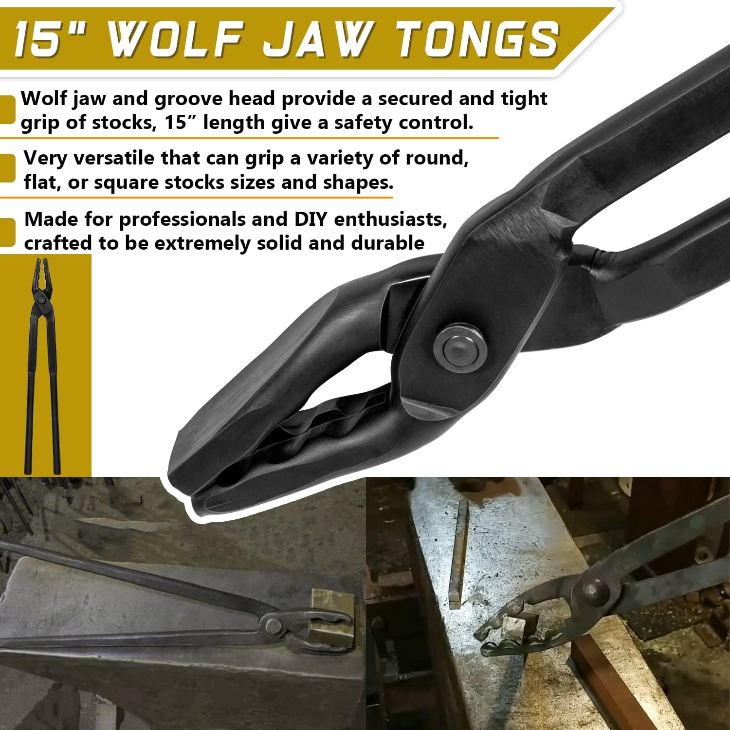 Blacksmith 15” Wolf Jaw Tongs and Hammer Tool Set Essential Tools for Blacksmith Bladesmith Forge Pack of 2